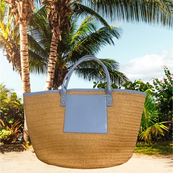 Spacious Tan and Blue Straw Beach Tote - Picture 1 of 4
